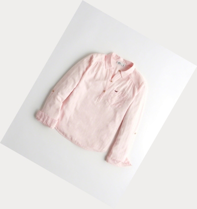 Light Pink Women's Hollister Woven Popover Long Sleeve | UK-498NTUY