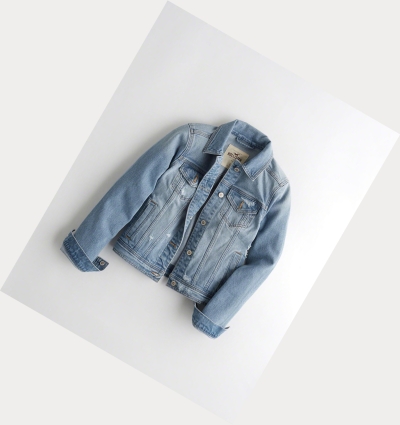 Light Wash Women's Hollister Ripped Denim Jacket | UK-150VIHR