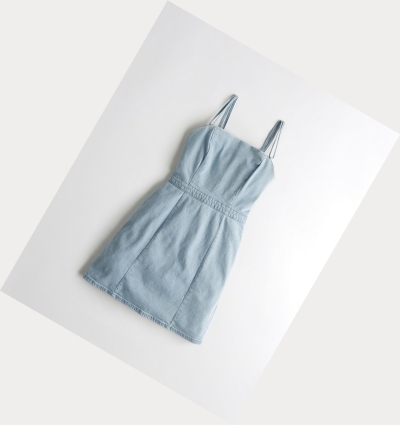 Light Wash Women's Hollister Square-Neck Strappy Denim Dress | UK-745FZDE