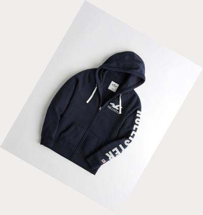 Navy Men's Hollister Applique Logo Full-Zip Hoodie | UK-806QUWV