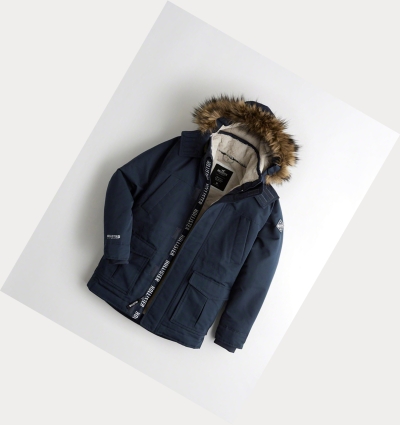 Navy Men's Hollister Faux-Fur-Lined Parka Jackets | UK-398BKEH