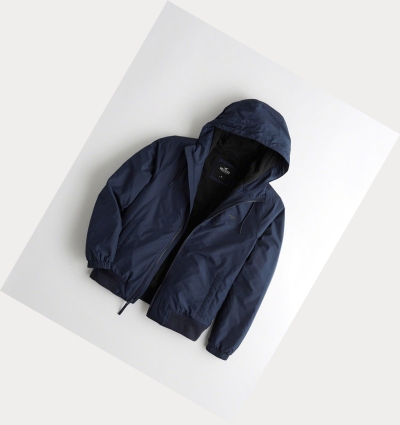 Navy Men's Hollister Fleece-Lined Hooded Bomber Jackets | UK-742GXZU