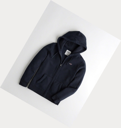 Navy Men's Hollister Full-Zip Icon Hoodie | UK-250QVTO