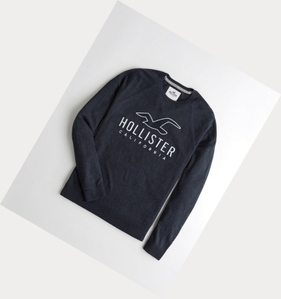 Navy Men's Hollister Logo Crewneck Sweaters | UK-419NAWP