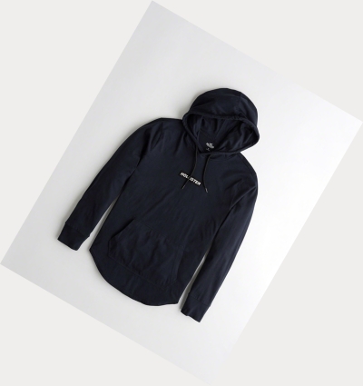 Navy Men's Hollister Logo Hooded Long Sleeve | UK-165OZAW