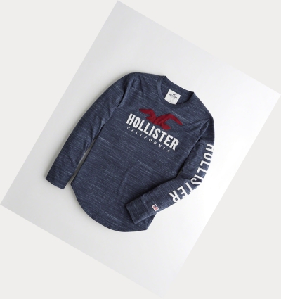 Navy Men's Hollister Logo Long Sleeve | UK-846ZURX