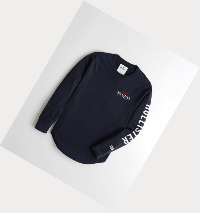 Navy Men's Hollister Logo Long Sleeve | UK-853NVPM