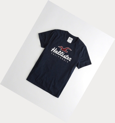 Navy Men's Hollister Logo Short Sleeve | UK-835ZVID