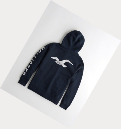 Navy Men's Hollister Print Logo Hoodie | UK-849QEFT