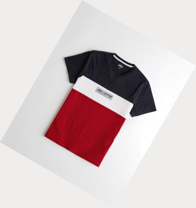 Navy Red Stripes Men's Hollister Colorblock Logo Short Sleeve | UK-930BDMQ