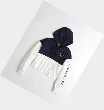 Navy White Women's Hollister Hooded Boyfriend Long Sleeve | UK-652WZCF