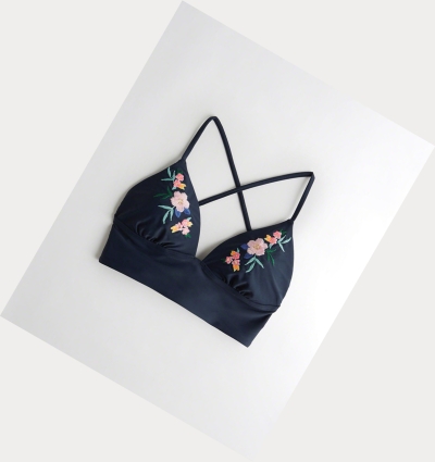 Navy Women's Hollister Embroidered Longline Triangle Bikini Tops | UK-018RYGV