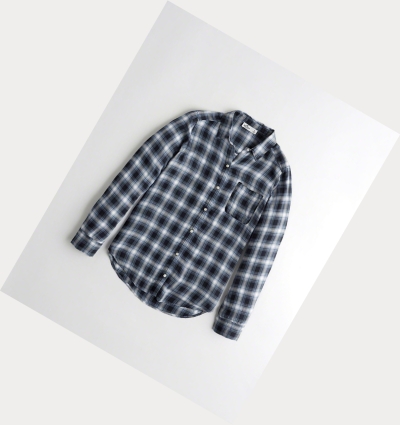 Navy Women's Hollister Plaid Oversized Long Sleeve | UK-568MYIE