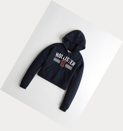 Navy Women's Hollister Rose Graphic Crop Hoodie | UK-980MSEQ