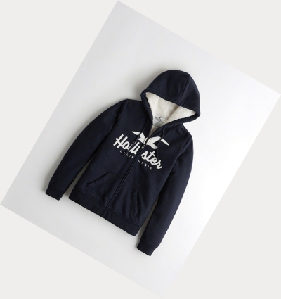 Navy Women's Hollister Sherpa-Lined Full-Zip Hoodie | UK-274NKVE