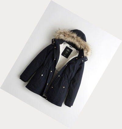 Navy Women's Hollister Sherpa-Lined Parka Jackets | UK-830GWYD