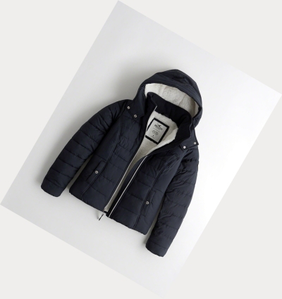 Navy Women's Hollister Sherpa-Lined Puffers | UK-247BVLC