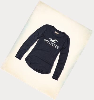 Navy Women's Hollister Slim Crew Long Sleeve | UK-326CFEQ