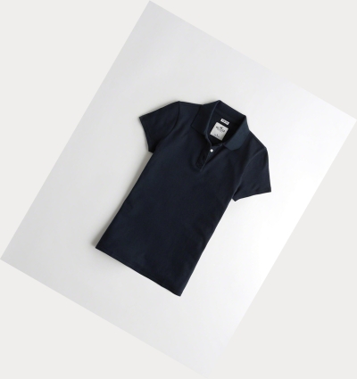 Navy Women's Hollister Slim Knit Polo Shirts | UK-528JDTX