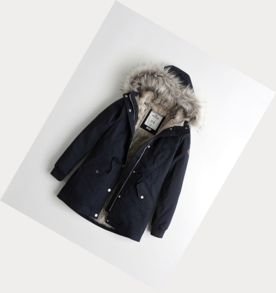 Navy Women's Hollister Stretch Faux-Fur-Lined Parka Jackets | UK-208XGQA