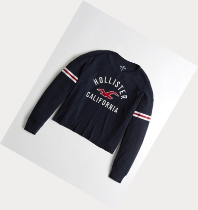 Navy Women's Hollister Waffle Boyfriend Long Sleeve | UK-306FJMO