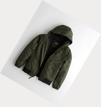 Olive Men's Hollister Fleece-Lined Hooded Bomber Jackets | UK-637OVPD