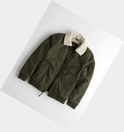 Olive Men's Hollister Sherpa-Lined Hooded Bomber Jackets | UK-460XLCF