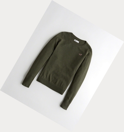 Olive Women's Hollister Crewneck Sweaters | UK-853BNCQ