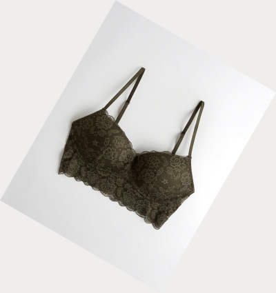 Olive Women's Hollister Lace Push-Up Longline Bras | UK-970XCUZ