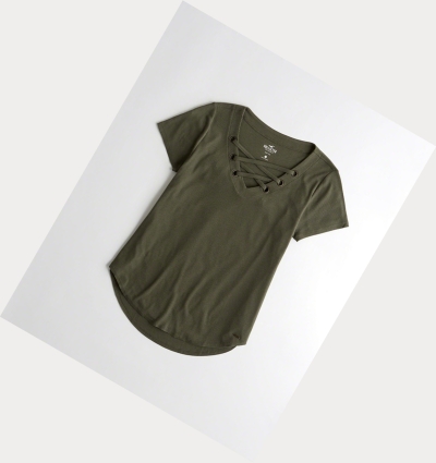 Olive Women's Hollister Lace-Up Easy Short Sleeve | UK-567ISWQ