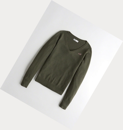 Olive Women's Hollister V-Neck Sweaters | UK-731CUJK