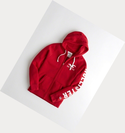 Red Men's Hollister Applique Logo Full-Zip Hoodie | UK-870BZHK