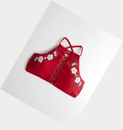 Red Women's Hollister Embroidered Strappy High-Neck Bikini Tops | UK-459FICA