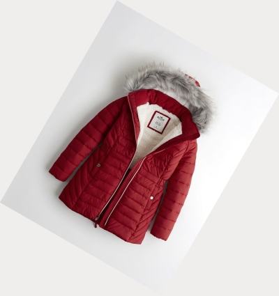 Red Women's Hollister Sherpa-Lined Puffer Parka Jackets | UK-518RPYH