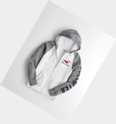 White Grey Men's Hollister Applique Logo Full-Zip Hoodie | UK-853PMTV