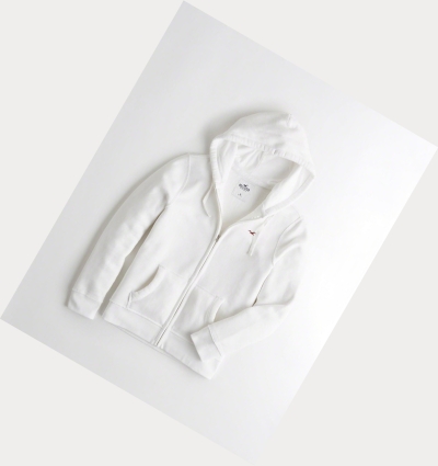 White Men's Hollister Full-Zip Icon Hoodie | UK-102QHXP