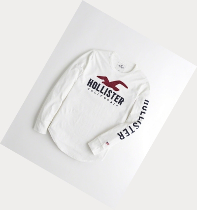 White Men's Hollister Logo Long Sleeve | UK-254YDGE