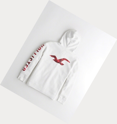 White Men's Hollister Print Logo Hoodie | UK-536KWXP