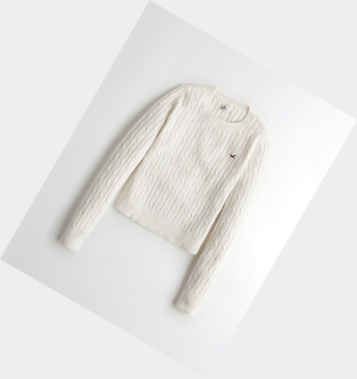 White Women's Hollister Cable Crewneck Sweaters | UK-310WZYA