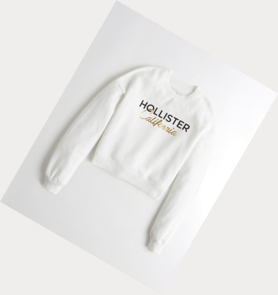 White Women's Hollister Metallic Logo Crewneck Sweatshirts | UK-234XNYH