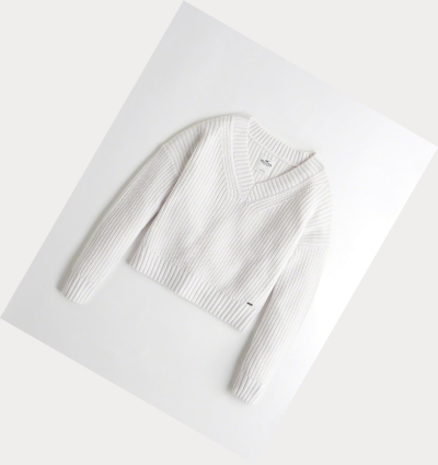 White Women's Hollister V-Neck Sweaters | UK-845YIPL