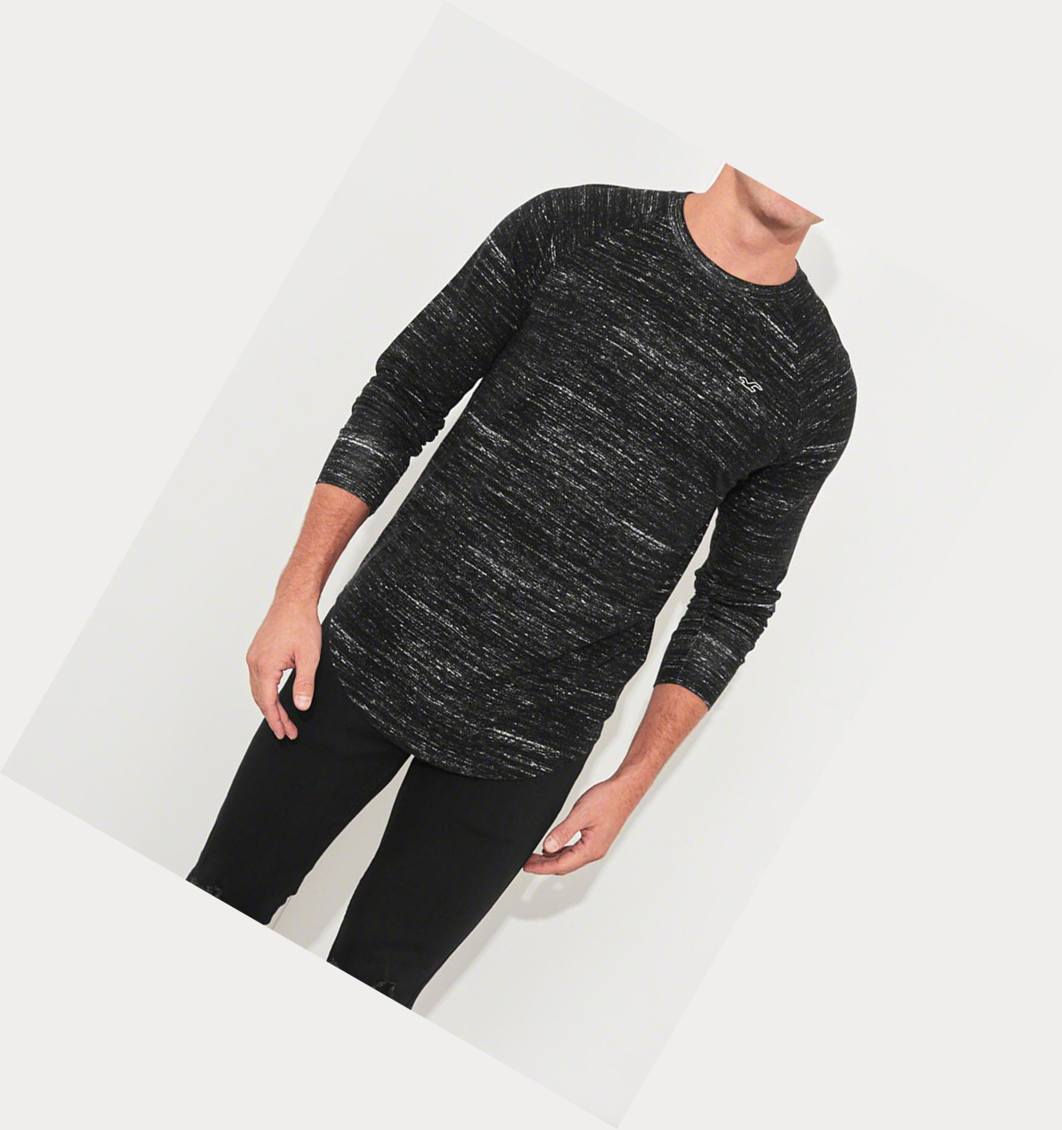 Black Men's Hollister Curved Hem Long Sleeve | UK-048RPDG