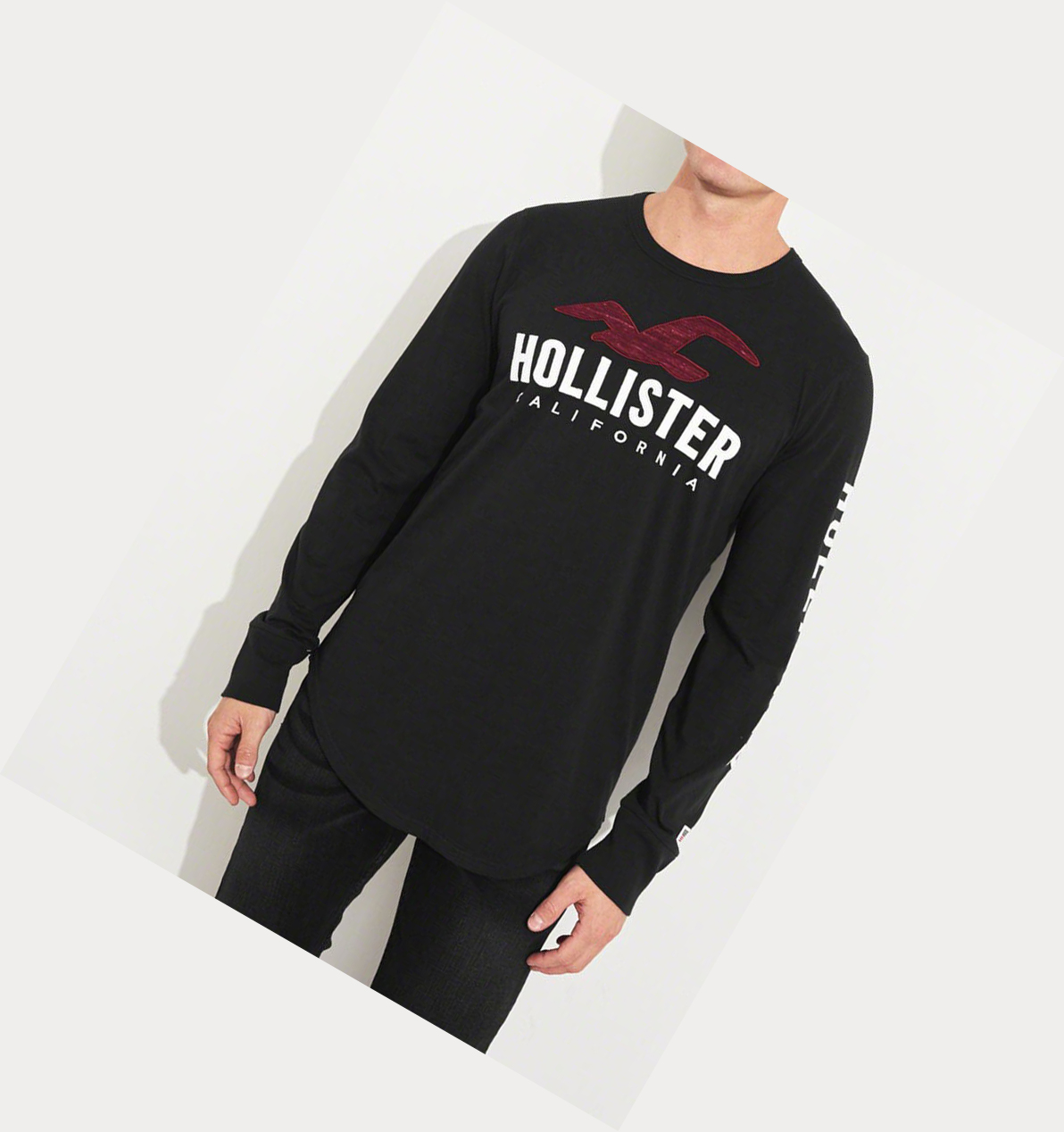 Black Men's Hollister Logo Long Sleeve | UK-894KAXP