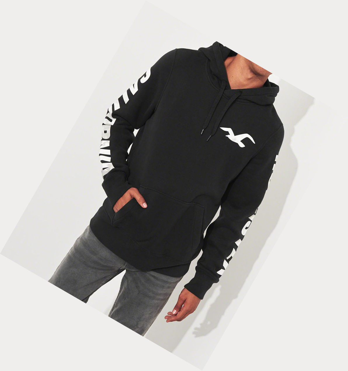 Black Men's Hollister Print Logo Graphic Hoodie | UK-140SPRQ