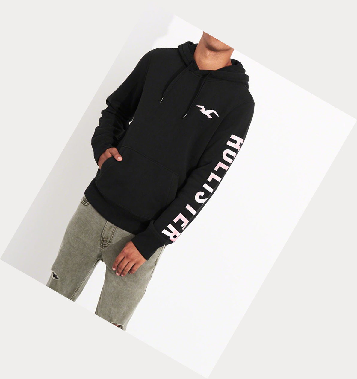 Black Men's Hollister Print Logo Hoodie | UK-409PHWB