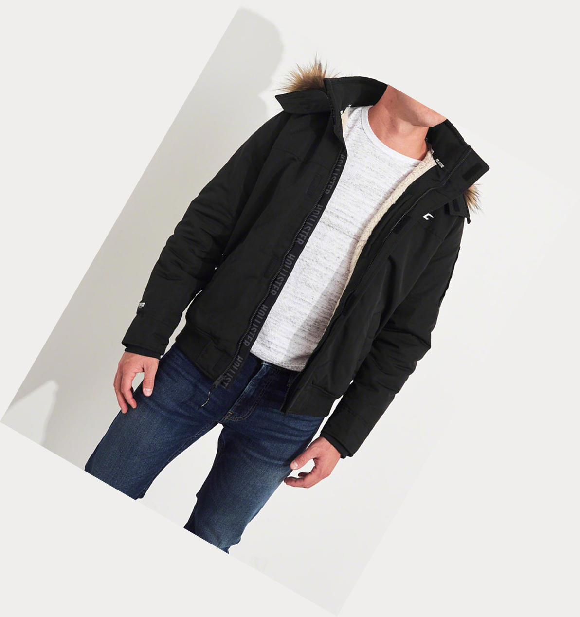 Black Men's Hollister Sherpa-Lined Hooded Bomber Jackets | UK-051MUAS