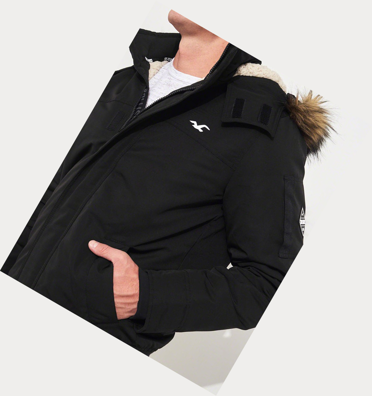 Black Men's Hollister Sherpa-Lined Hooded Bomber Jackets | UK-051MUAS