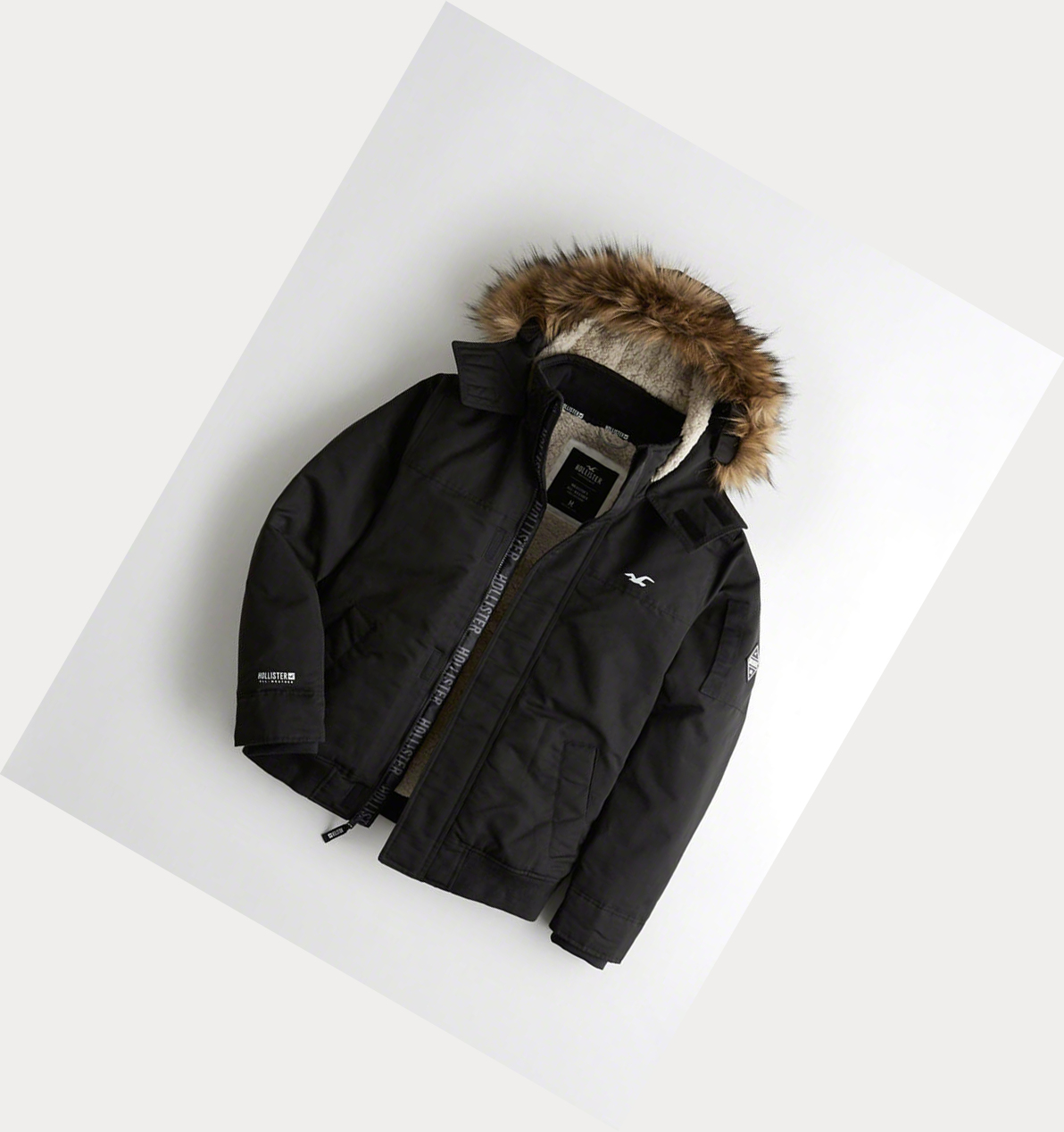 Black Men\'s Hollister Sherpa-Lined Hooded Bomber Jackets | UK-051MUAS