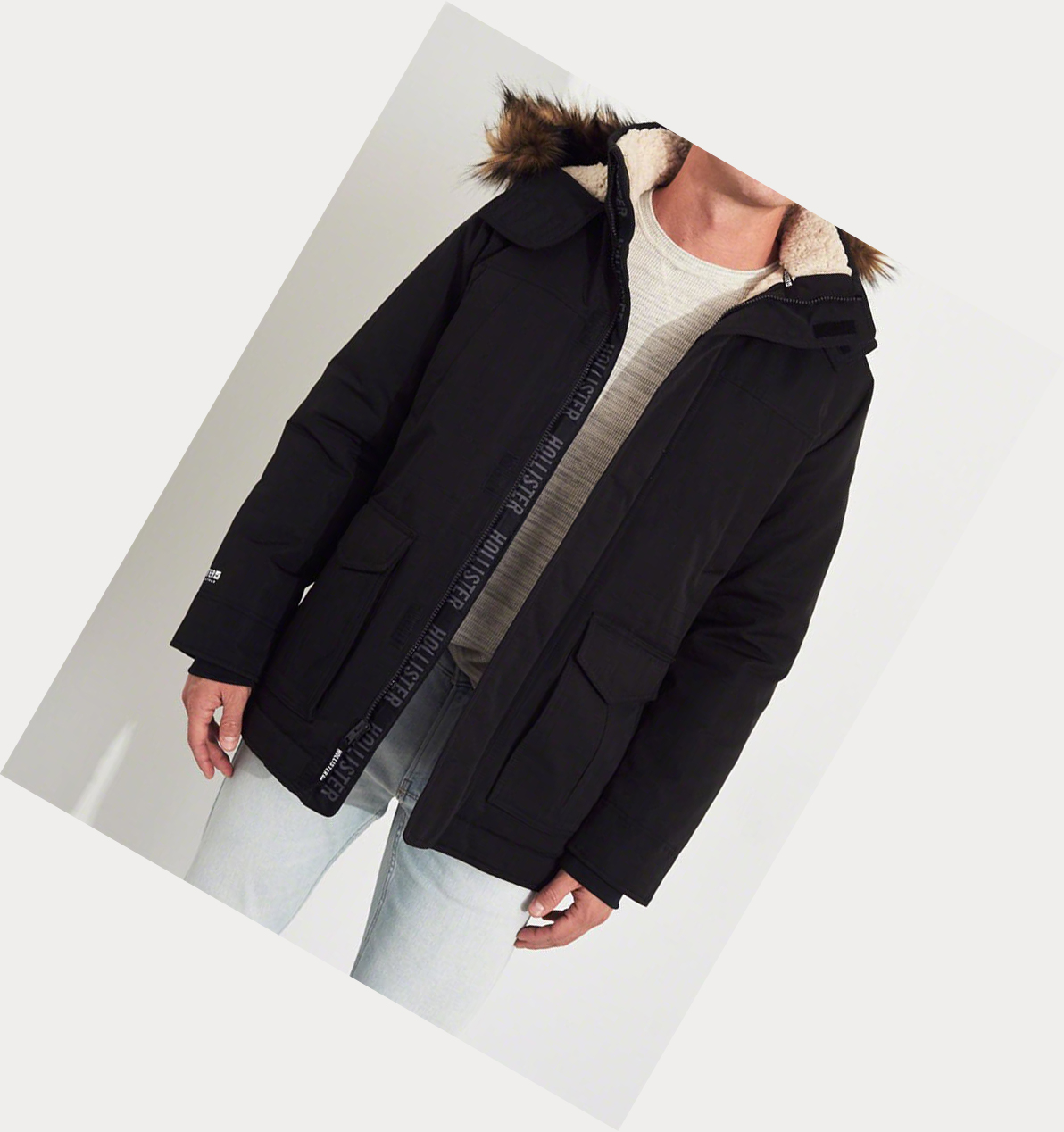 Black Men's Hollister Sherpa-Lined Parka Jackets | UK-378UKMZ