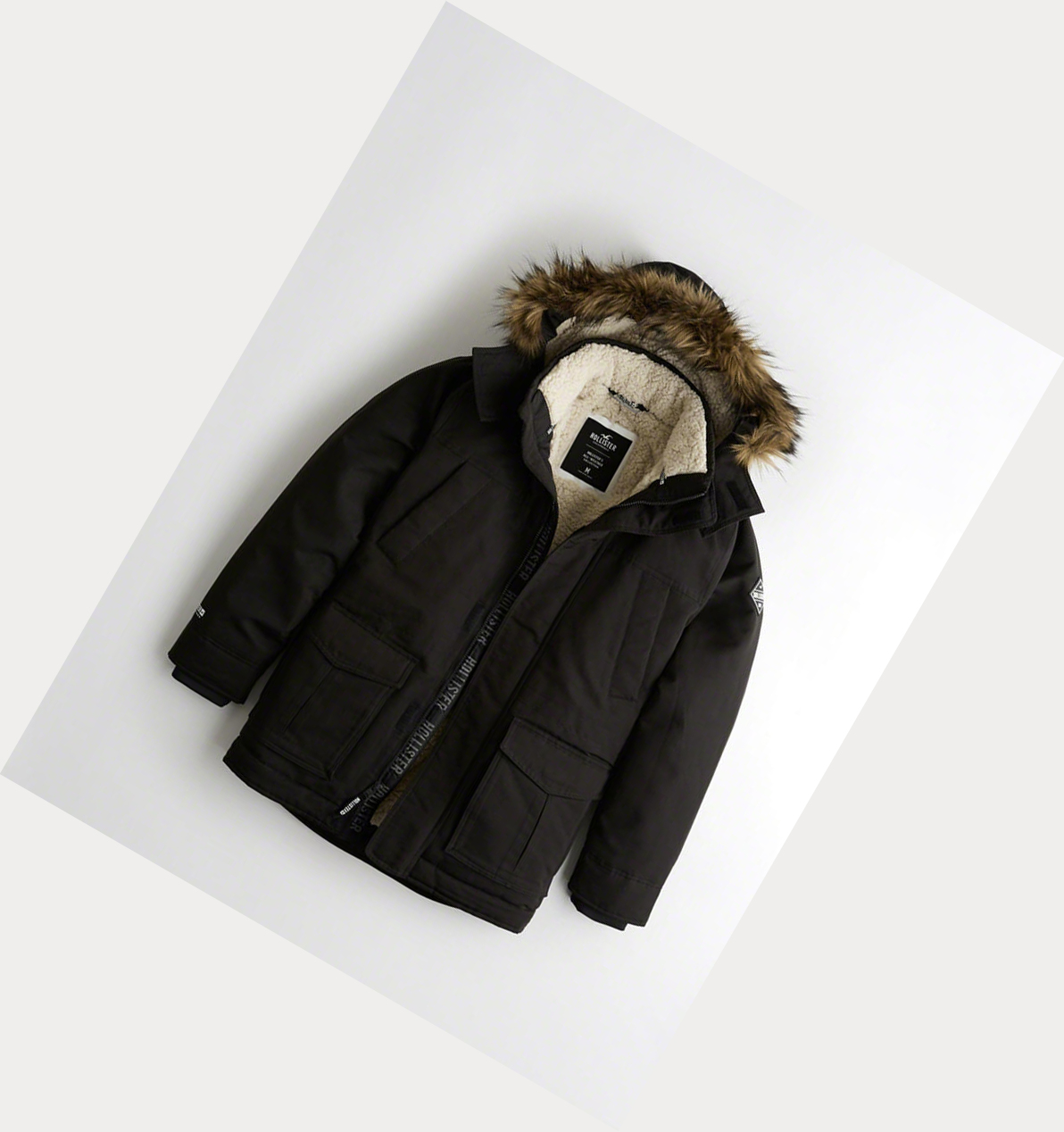 Black Men\'s Hollister Sherpa-Lined Parka Jackets | UK-378UKMZ